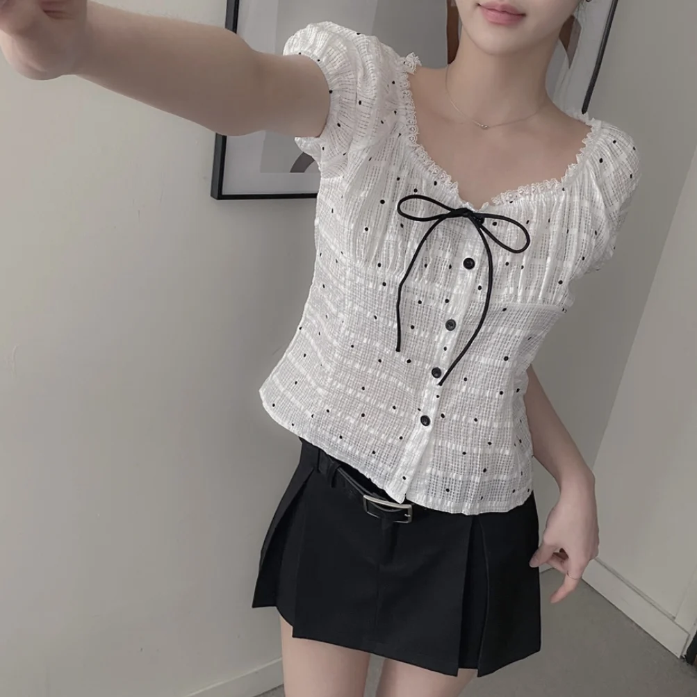 Fashionable Korean Style Checkered Bubble Sleeve Shirt Short Sleeve Versatile Casual Summer New Arrival Ladies' T-shirt