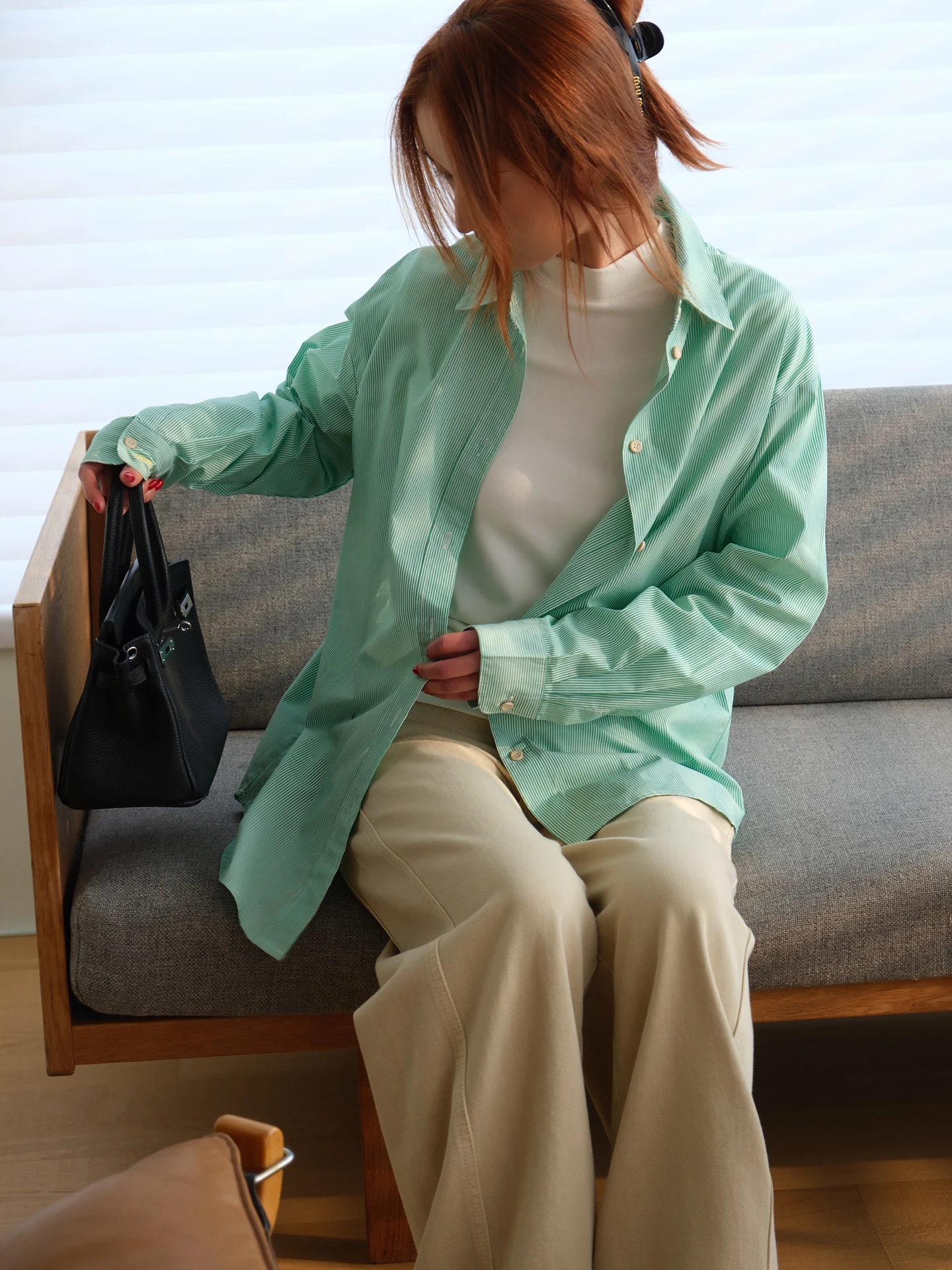 

Spring New Sle Long Sve Loose Women's irt Striped Outerwear Casual Breathable Pure Cotton Collar Button down irt