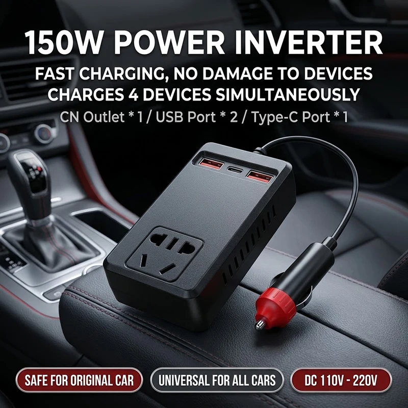 150W Car Power Inverter DC 12V to 220V AC Converter with 1 AC Outlet 2 USB 1 Type-C Fast Charger Adapter For Multiple Devices