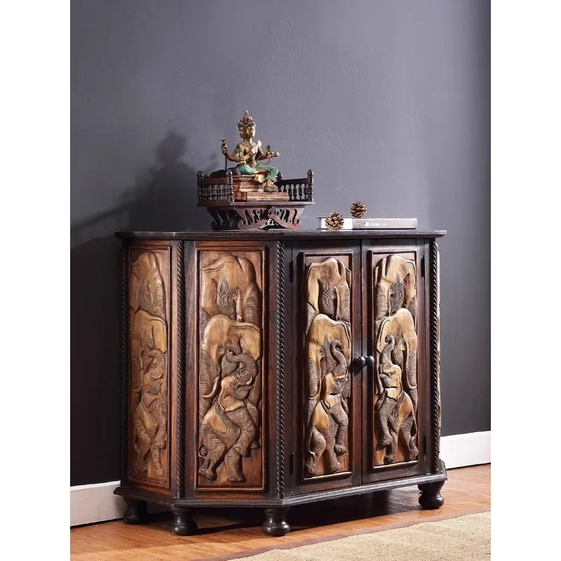 Thai Elephant Embossed Teak Cabinet Entrance Cabinet South East Asia Style Solid Wood Furniture Decorative Storage Cabinet