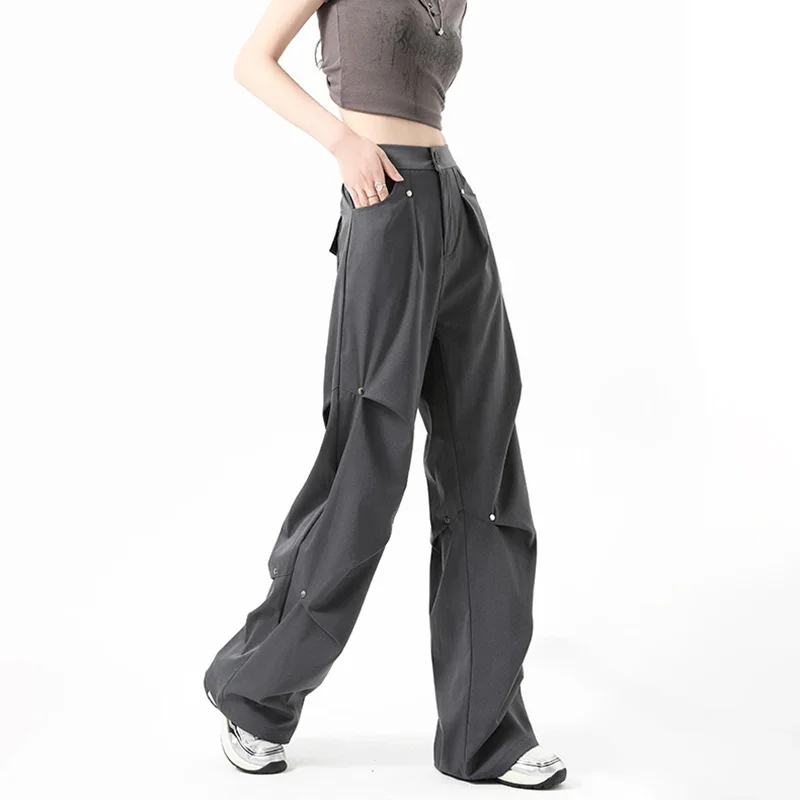 جديد 2025 سراويل البضائع الأمريكية برشام الشارع للنساء سراويل أنيقة فضفاضة واسعة الساق للخريف سراويل رياضية غير رسمية للركض للسيدات