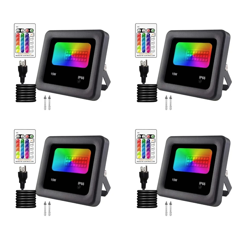 

4X RGB Flood Lights 15W LED Remote Control Spotlights IP66 Waterproof 16 Colors & 4 Modes For Garden Stage Park(US Plug)