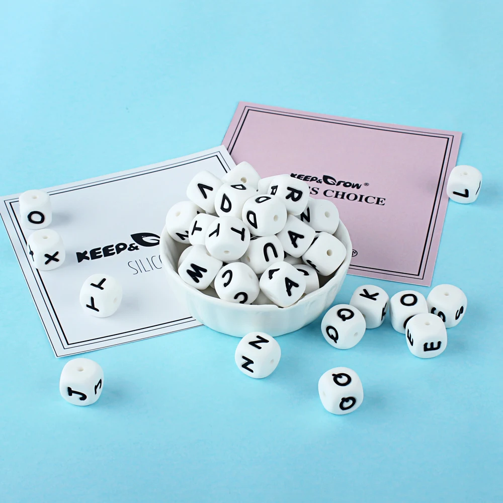 12mm 30pc/lot Baby Square English Alphabet Beads Teething Loose Bead for Pacifier Chain Accessories Safe Oral Care BPA Free