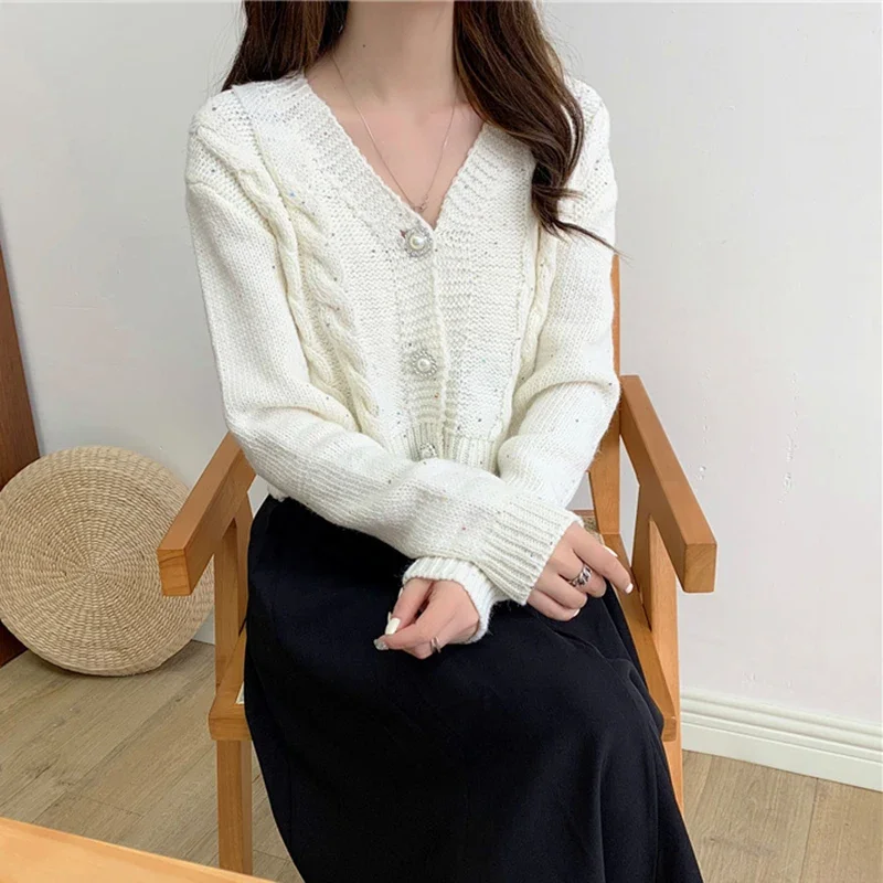 HELIAR Pearl Buttons Cardigan Women Sweet Long Sleeve Cropped Elegant Knitted Sweaters Coat Korean Long Sleeve White Cardigan