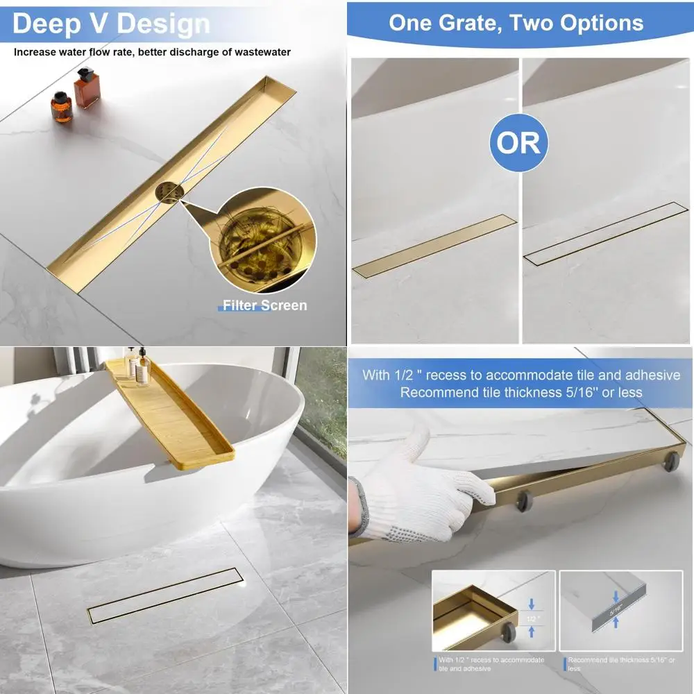 

Brushed Gold 28 SUS 304 Linear Shower Drain with Tile Insert, Adjustable Feet, Hair Catcher for Bathroom