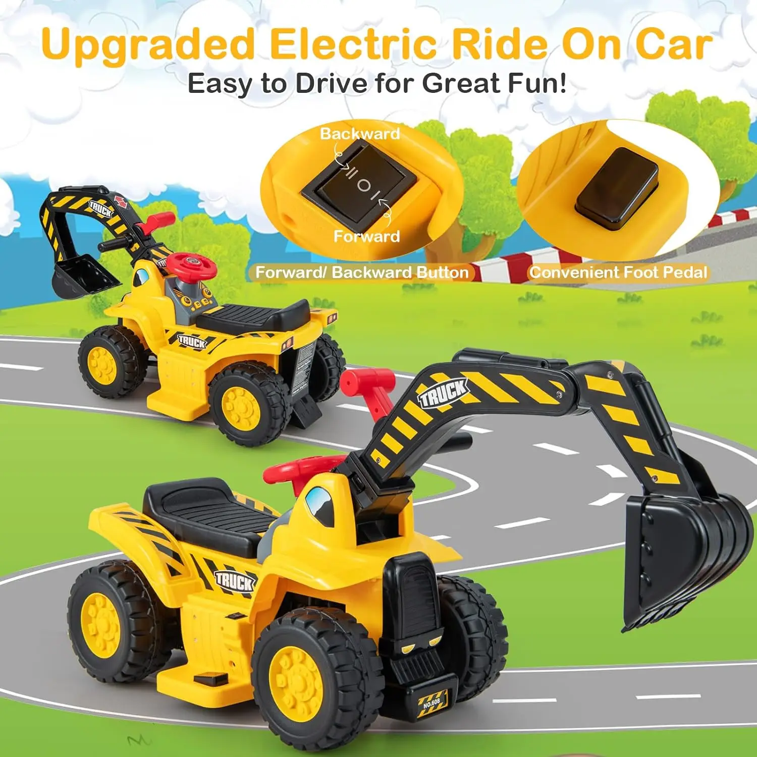 Electric Ride on Push Car, Toddler Bulldozer Digger w/Balls & Basketball Hoop, Outdoor Digging Scoop, Flexible Bucket, 6V Ride o