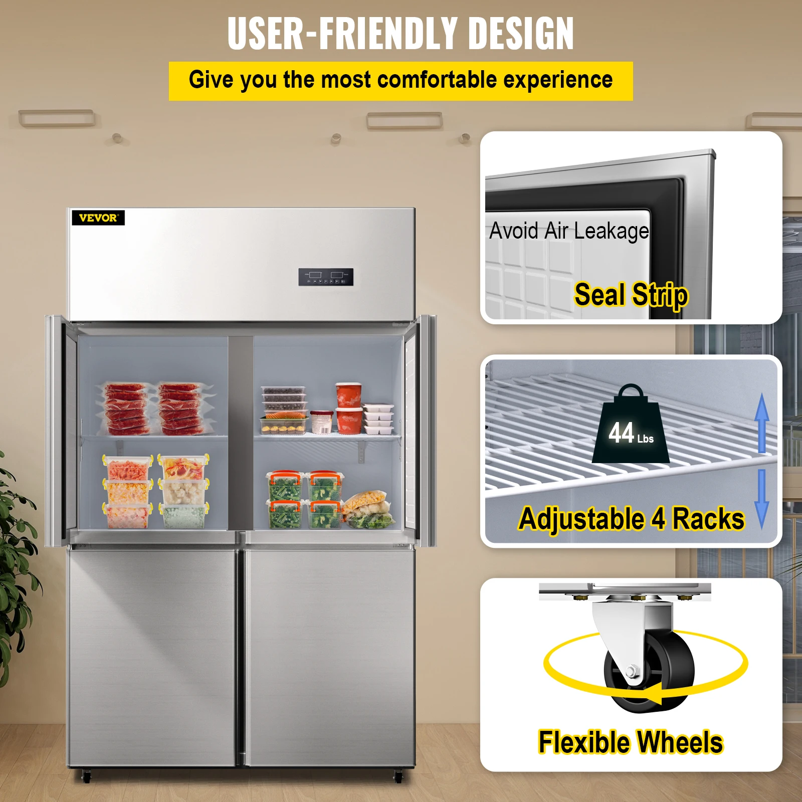 VEVOR 4 Door Commercial Refrigerator, 27.5 Cu.Ft Upright Refrigerator, 48" Side by Side Freezer,Dual Temp Control,for Restaurant