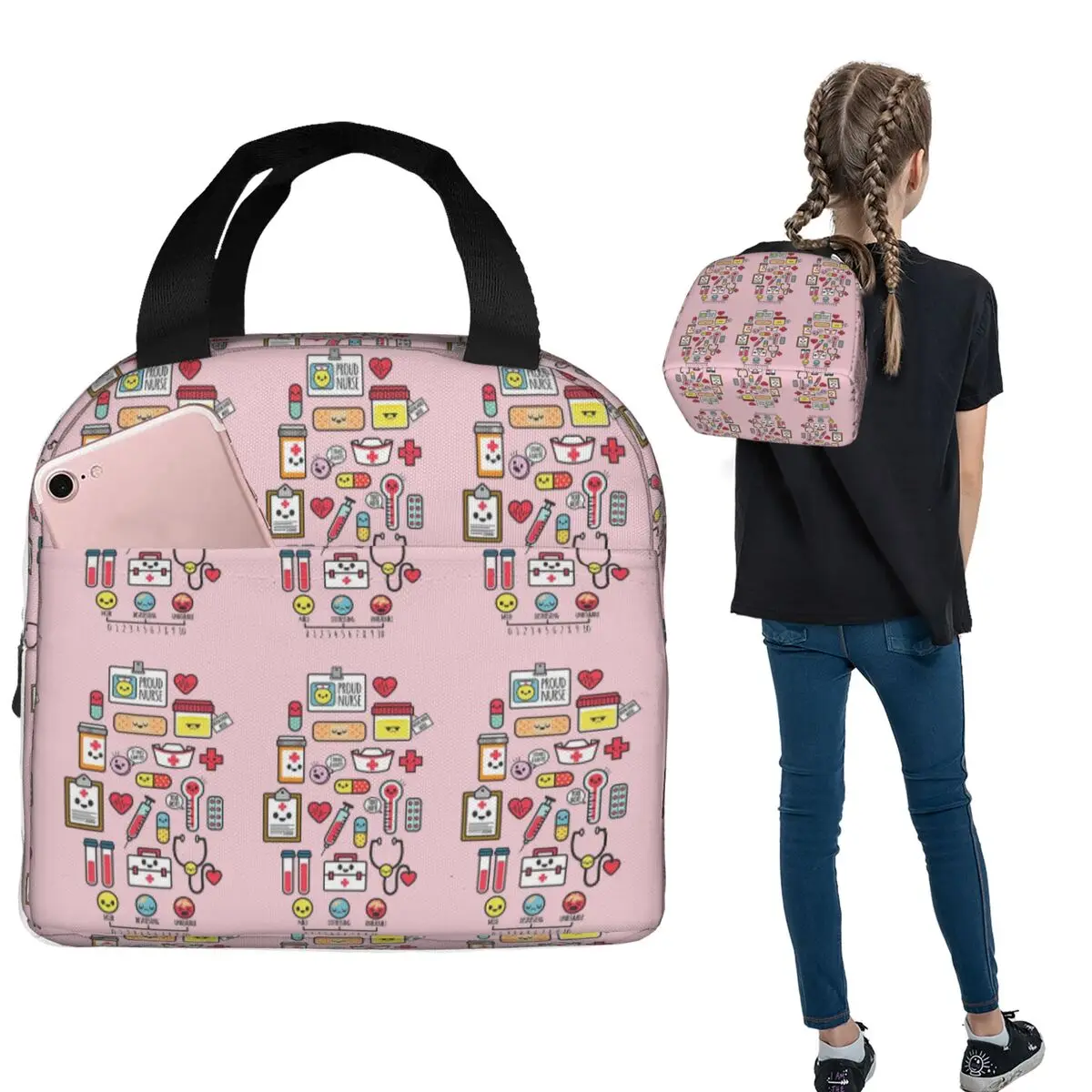 

Proud To Be A Nurse Pink Insulated Lunch Bag for Women Children Portable Food Boxes Thermal Lunch Box Tote