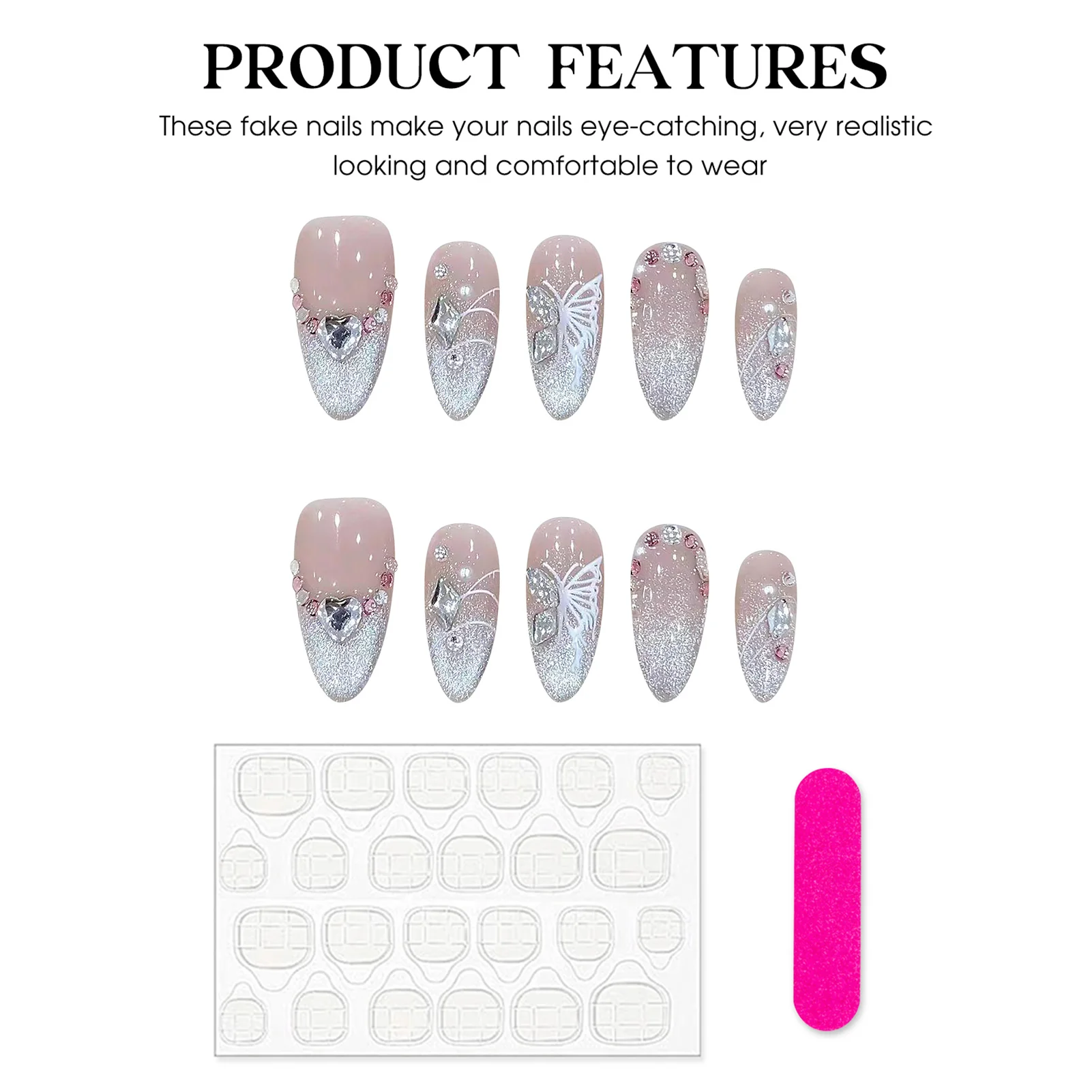 Handmade Press on Nails French Pink Cat Eye Fake Nails with Glitter Love Crystal Design Almond False Nails for Women Wearable