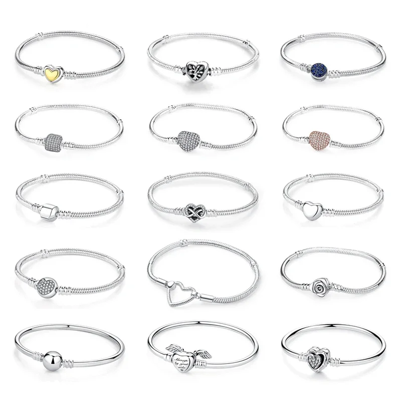 Potdemiel  925 Sterling Silver Bracelets Bangles Love Heart Clip Charms Beads Snake Chains For Women Rose Gold  Luxury Jewelry