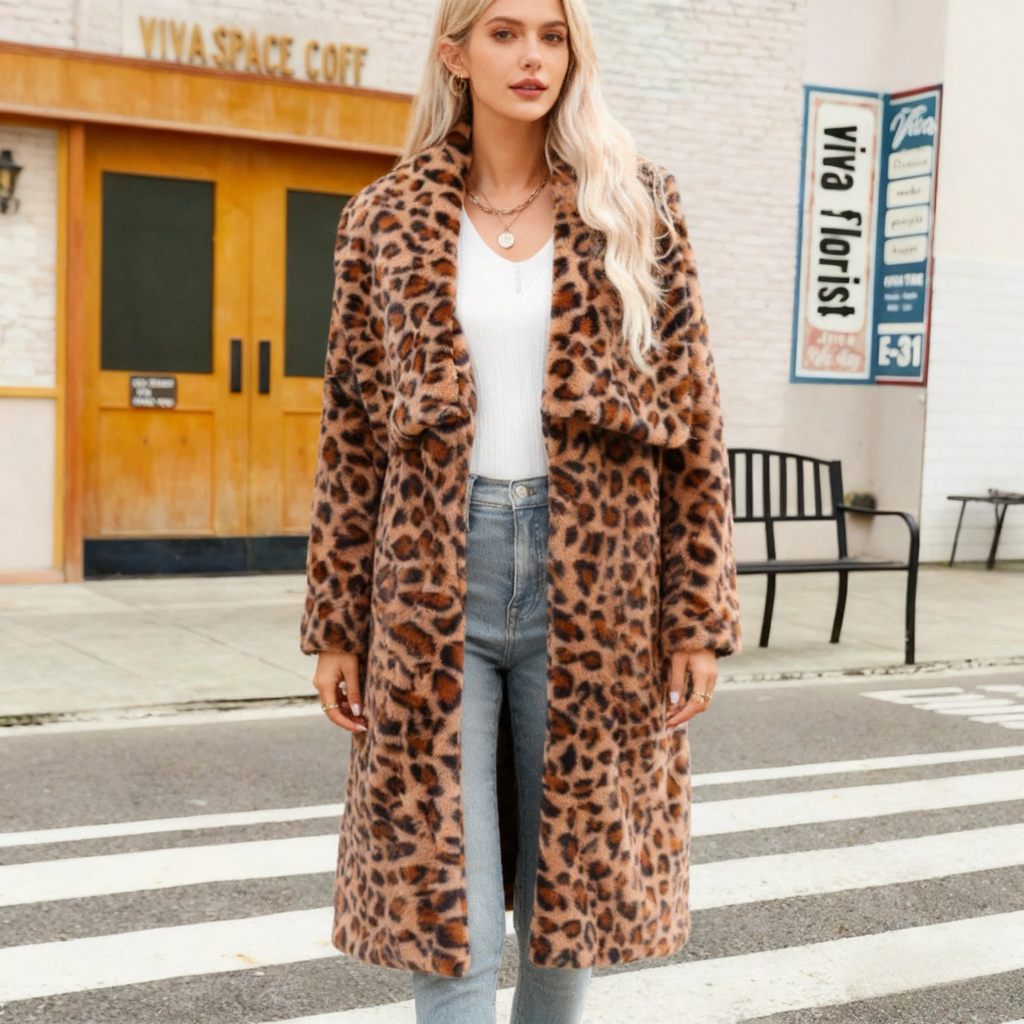 Kunstpelzmäntel für Damen, Pelzjacken, Leopardenmuster, lange Ärmel, Umlegekragen, offener Stich, dickes warmes Fell, locker, 2025, Herbst und Winter