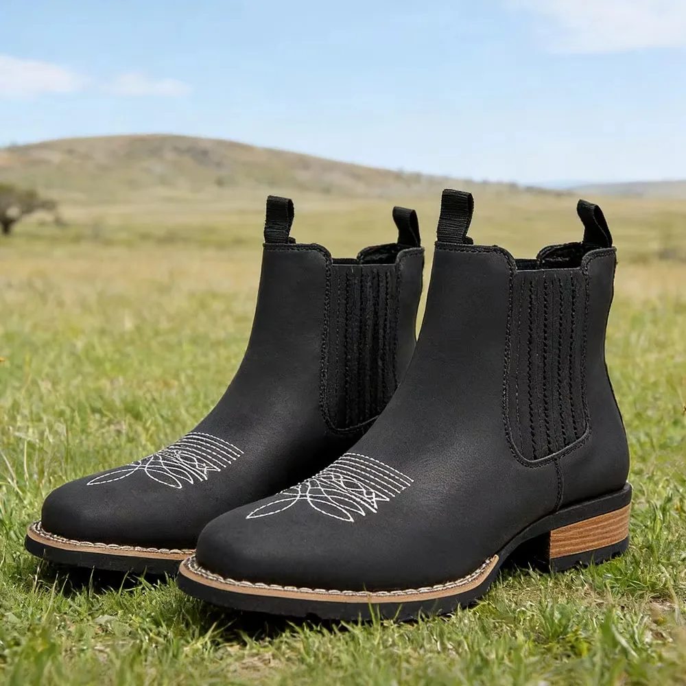 Men's Wide Toe Cowboy Boots Slip On Western Style Outdoor Boots Durable Comfor Leather Ankle Boots Fashion Retro Shoes for Men