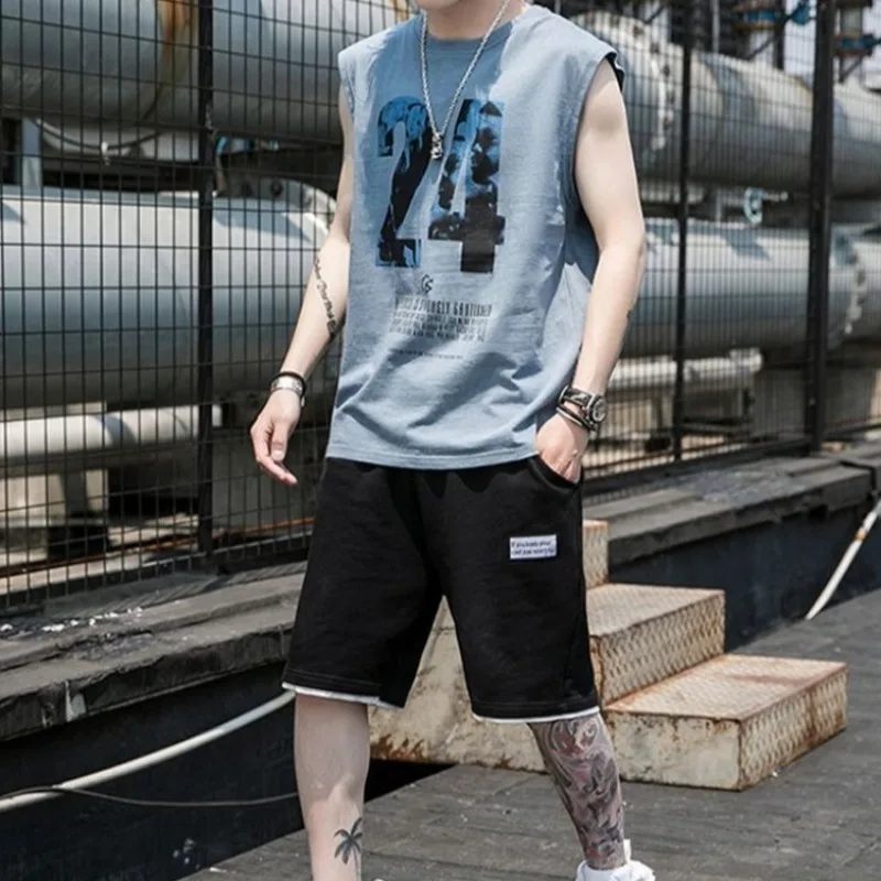 

Мужской комплект из двух предметов: свободный жилет без рукавов и шорты 5 дюймов, большие размеры, летний повседневный молодежный модный комплект