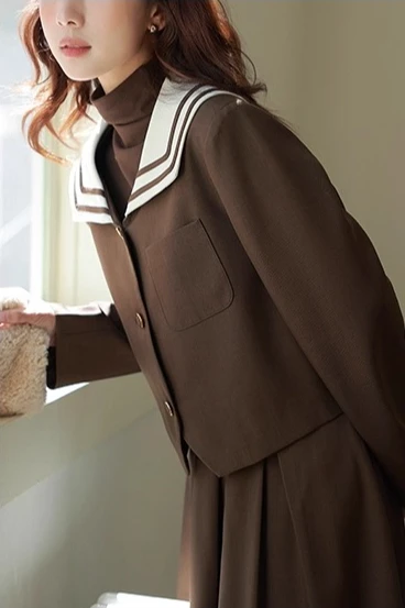 Elegant Brown Blazer Jacket Vintage School Style Outerwear High Waist Slim Fit Cropped Coat Women Autumn Winter Casual Fashion