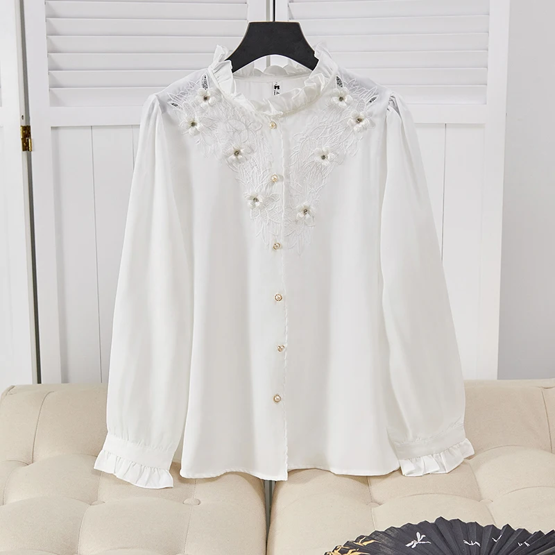 Fashion Office Woman Shirt Hollow Embroidery Pearl Buckle Stand Collar Long Sleeve Spring Autumn Elegant Artificial Silk Blouse