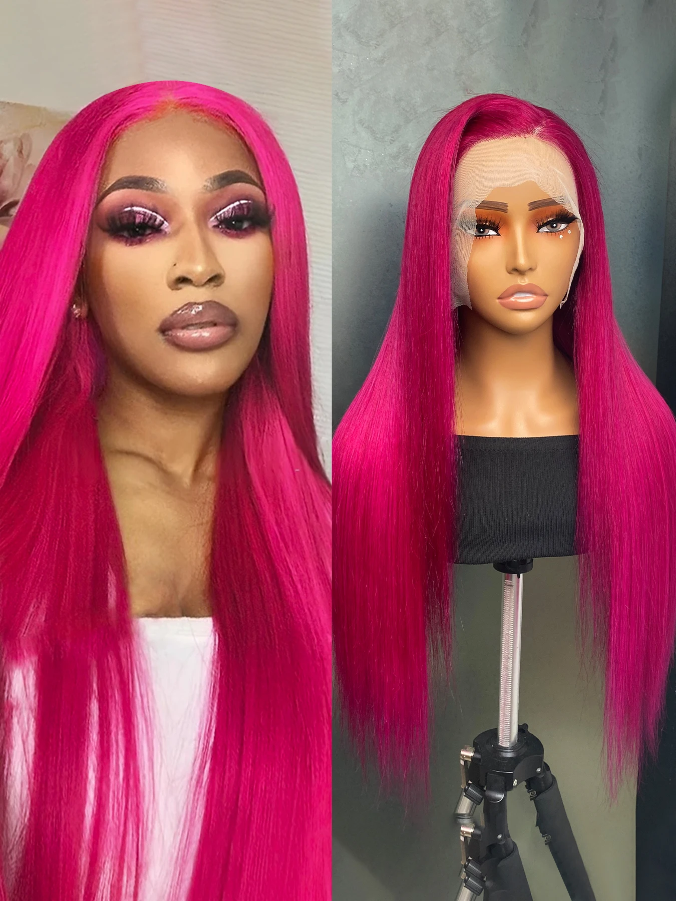 

Pink Color Wig 150% Density 13x4 Transparent Lace Front Wigs for Women Long Straight Pre Plucked Human Hair Wigs