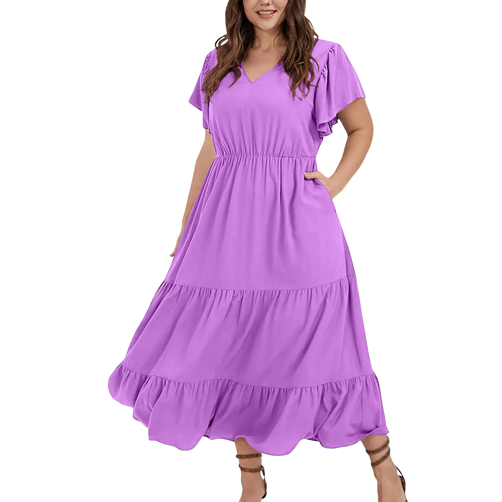 Plus Size Vintage Solid Color V-neck Ruffle Short Sleeve Large Hem Long Skirt For Women Summer Comfort Daily Date Beach Dress