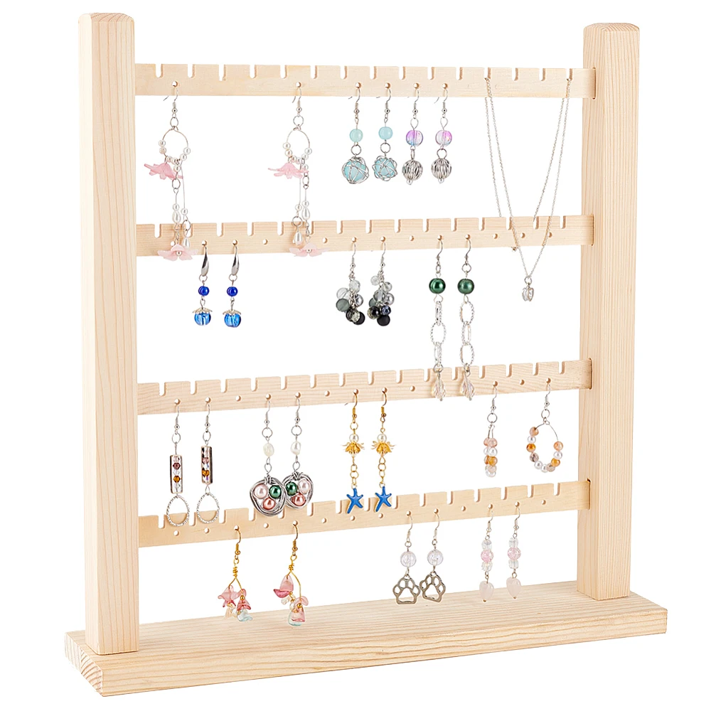 4-Tier Wooden Earring Display Organizer Holder （60 Slots 56 Holes） Wheat Detachable Earring Display Stand Jewelry Display Rack