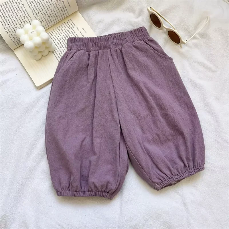 السراويل الأطفال الجديدة الصيف الصلبة القطن الكتان مرونة رقيقة الكورية الرجعية فانوس قيعان ملابس لعب غير رسمية في الهواء الطلق ‌   الأولاد و ز