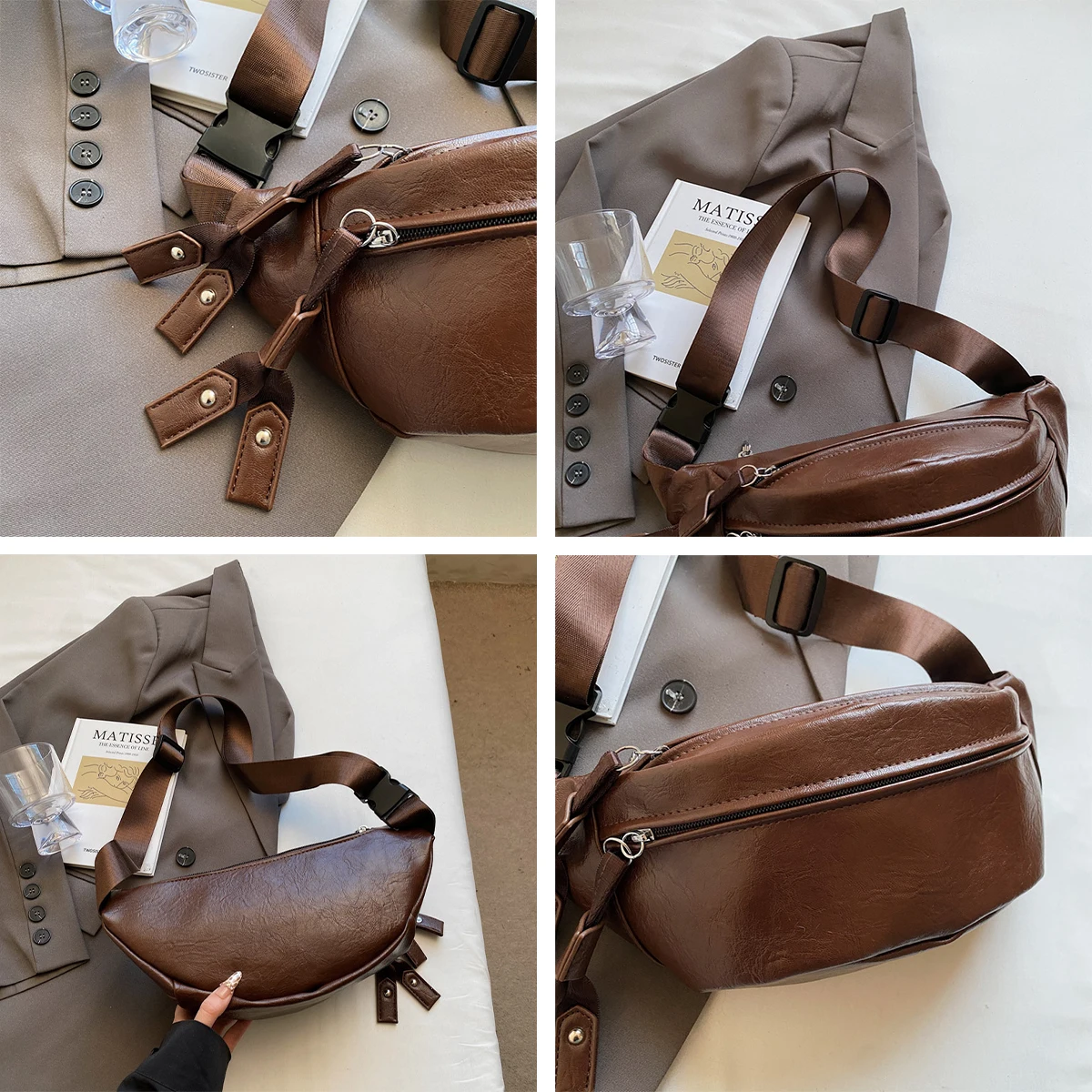 حقيبة صدر كلاسيكية كلاسيكية من البولي يوريثان للنساء مبطنة بسعة كبيرة وحزام قابل للتعديل ولمسة نهائية لامعة للتسوق أثناء التنقل