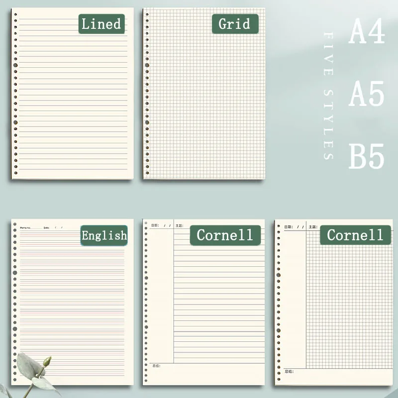 

60 Sheets Loose Leaf Notebook Refill Spiral Binder 26 Holes Diary Planner A4 A5 B5 Grid Cornell Line Inner Core Paper Stationery