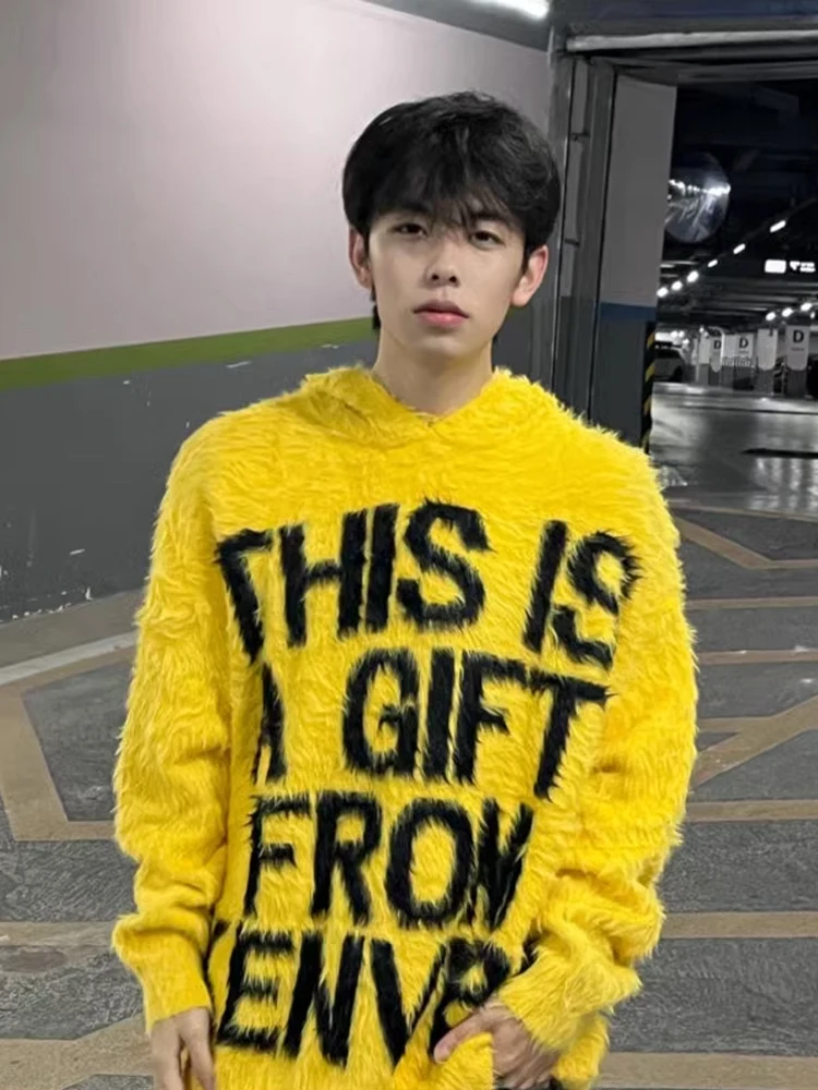 

Retro American Knitted Sweater Men's Autumn Winter Loose Lazy High-End Feeling Hat Hoodie Couple's Knitted Outerwear
