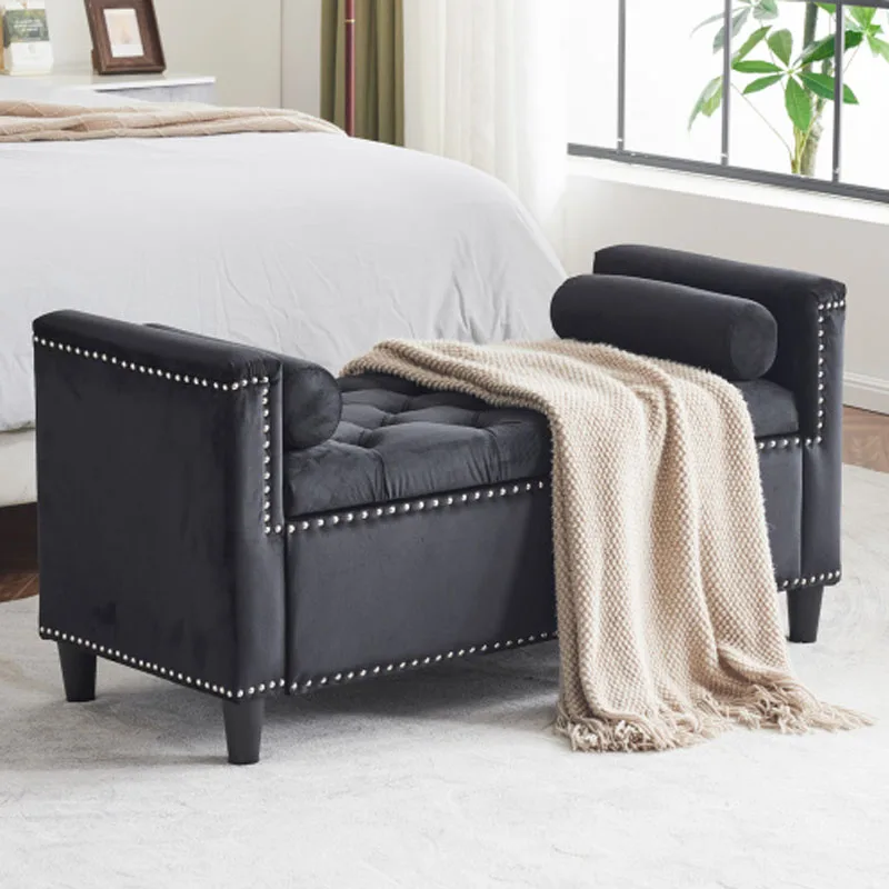 44.5-Inch Queen Velvet Button Bedside Bench, Entryway Living Room with Armrests, Nailhead Trim, Upholstered Bedroom Bench,Black