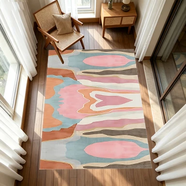 Pastel Pink Blue Abstract Wave Art Carpet Square Rug Non-Slip Floor Mat Suitable for Living Room Bedroom Home Decoration