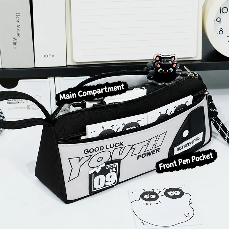 Large Capacity Pencil Case with Front Pocket Wrist Strap Black Gray Pen Bag Durable Stationery Storage Organizer for Students Sc