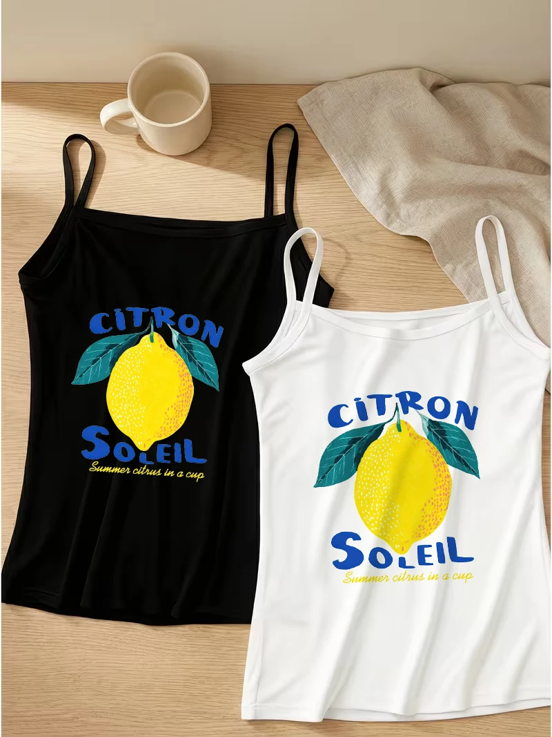 Lemon Summer Fruit Cami Tops Set Black White Graphic Sleepwear Club Wear Streetwear Beach Holiday Vest Shirt