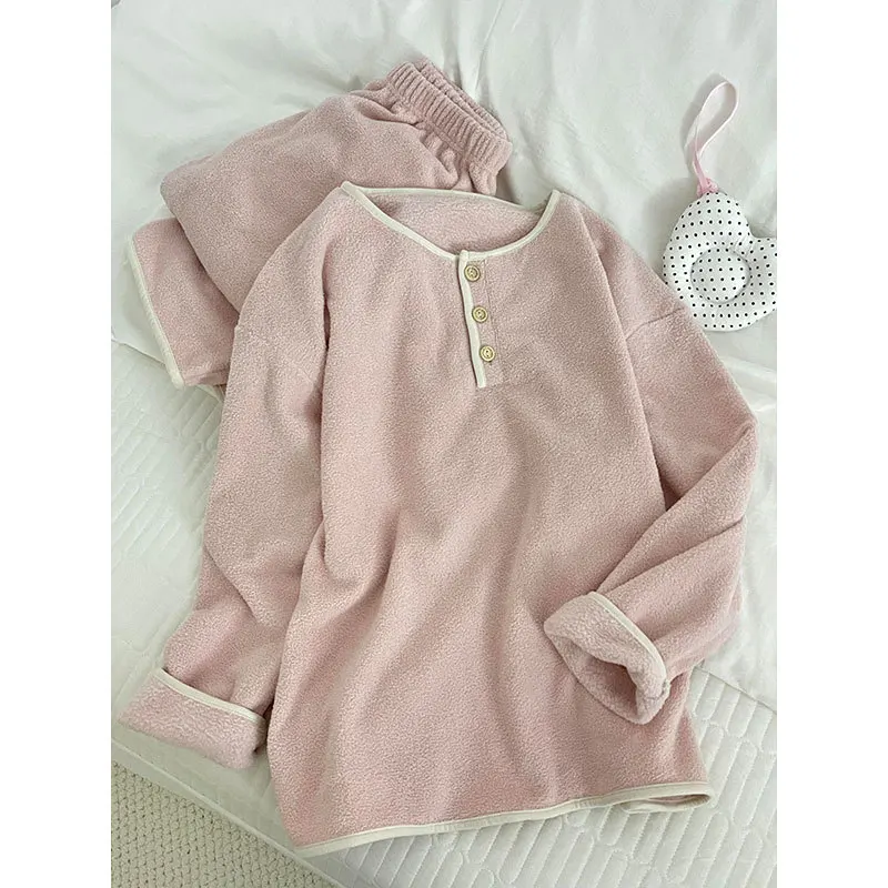 الوردي نصف الصوف المرأة الشتاء مجموعة اللون منعت زر تقليم بأكمام طويلة أعلى + السراويل الطويلة الصوف سميكة منامة 2 قطعة مجموعة. #3