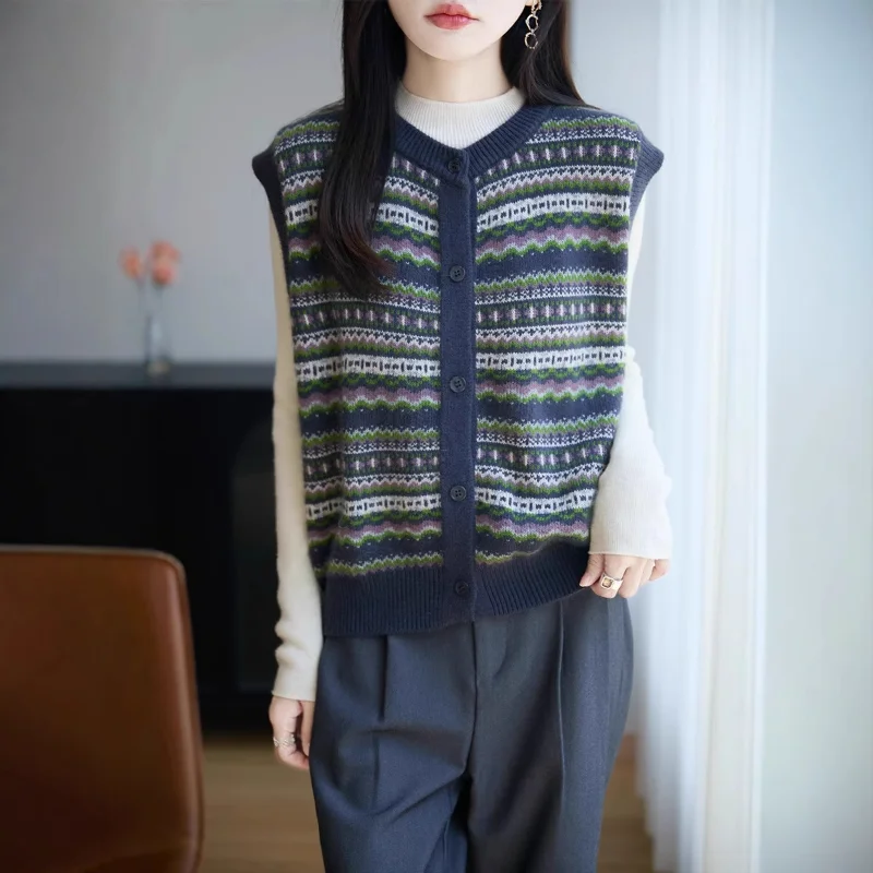 

Office Versatile Thick Jacquard Vest For Women V Neck Knit Sweater Vest Autumn Winter New Style Inner Wear Design Sense Coat