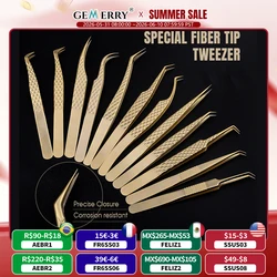 GEMERRY Eyelash Extension Tweezers With Fiber Tips Golden Stainless Steel High Precision Tweezer for Volume Fans Makeup Tools