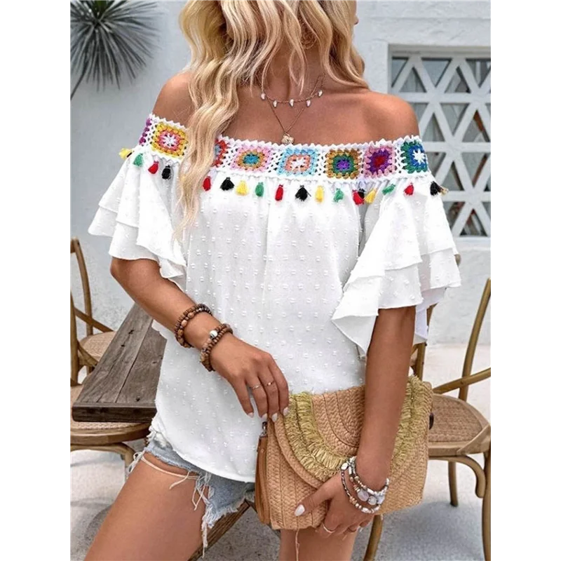 

ASDS-Womens Off The Shoulder Floral Crochet Tassel Embroidered Tops Vintage Summer Tiered Ruffle Sleeve Shirts