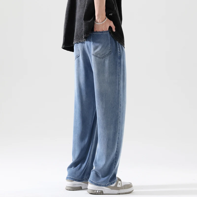 High Quality 100%Lyocell Jeans Men Spring Summer Casual Elastic Waist Denim Trousers Male Korea Loose Straight Blue Pants S-3XL 썸네일 3