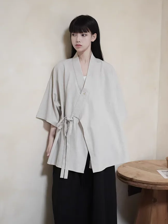 

Свободная рубашка с коротким рукавом унисекс в новом китайском стиле, темная тематика, винтажный дизайн, с поясом, повседневная, дышащая, модная, женская, премиум-класса