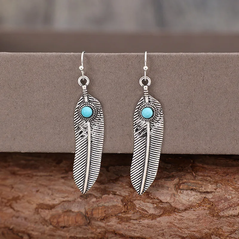 أقراط من سبائك الفيروز بتصميم بوهيمي عتيق مزينة بالريش، مجوهرات عصرية جديدة عبر الحدود لتزيين الأذن