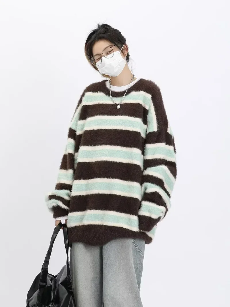 Y2k Striped Pullover Round Neck Sweater Women's Spring And Autumn Loose Korean Vintage Knitted Sweater Men's Couple Clothing