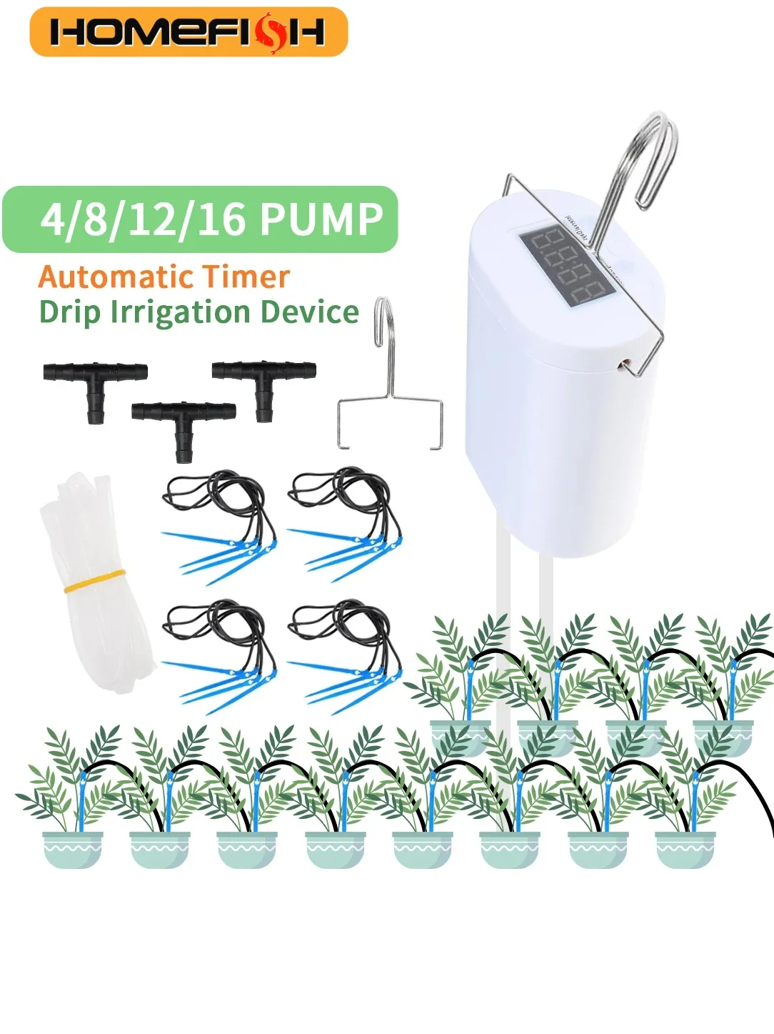HOMEFISH Automatic Plant Flower Watering Pump Home Sprinkler Drip Irrigation Device 4/8/16 Heads Timer System Kit Garden Tool