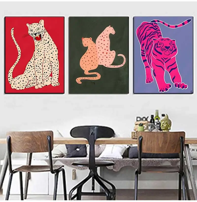 Abstract animal beast posters, red, pink, green, tiger, door, lose sleep, canvas painting, Wall Art Pictures, Nordic Home Decor