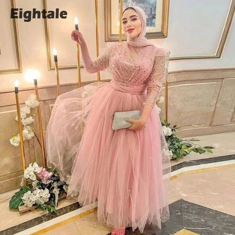 

Eightale Arabic Prom Dress Sparkly High Neck Long Sleeves Tulle A-Line Pink Evening Gown Formal Occasion Dresses