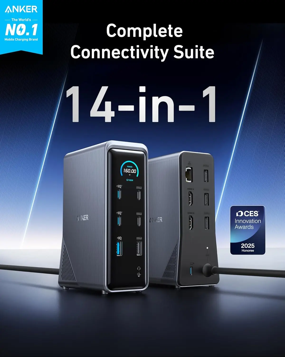 Anker Prime A83B6 14-in-1 USB-C Docking Station 160W GaN Power Supply Dual HDMI 4K@60Hz 1000Mbps LAN Multi Port Hub
