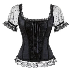 Victorian Women Corset Top With Off Shoulder Sleeves Bustier Overbust Vest Brocade Vintage Style Lace Floral Plus Size