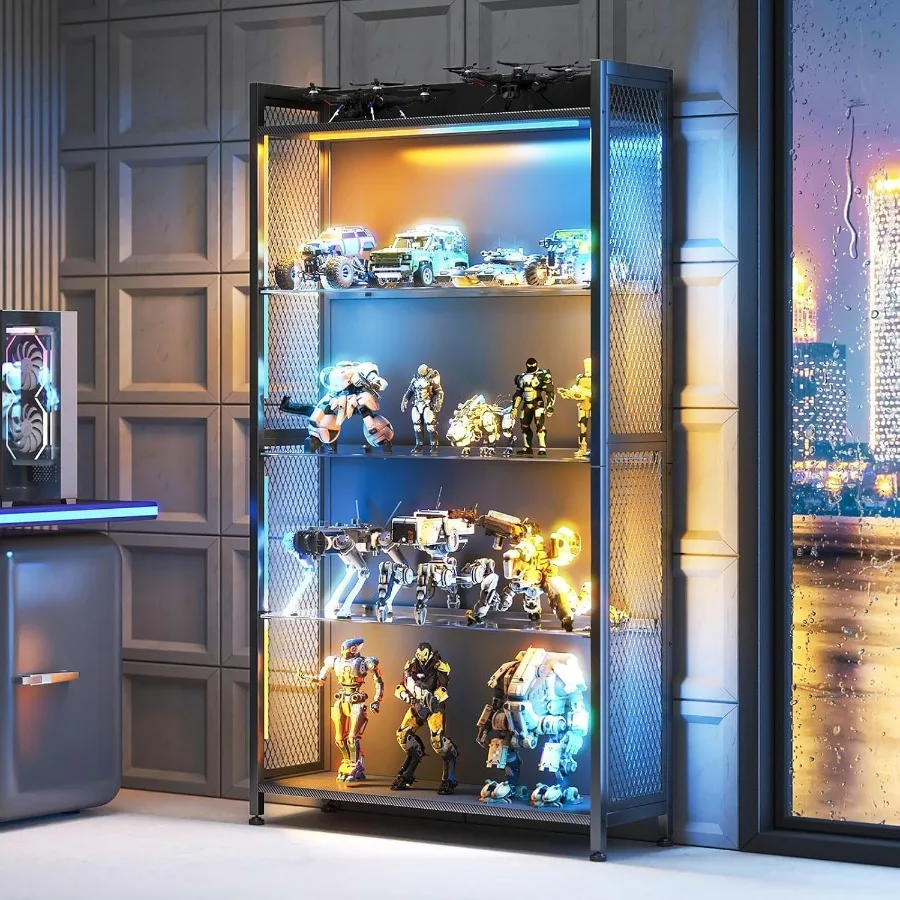 4-Tier Display Case with Tempered Glass Shelves RGB LED Lights for Home/Office, Black Finish, Adjustable Shelving and Soft-Clos view 3