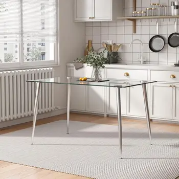 Skleněný jídelní stůl pro 4 osoby s deskou z čirého obdélníkového skla o průměru 51 palců, moderní kuchyňský nábytek z tvrzeného skla o tloušťce 0,31 8 nejlepší prodej stoly z tvrzeného skla - №6