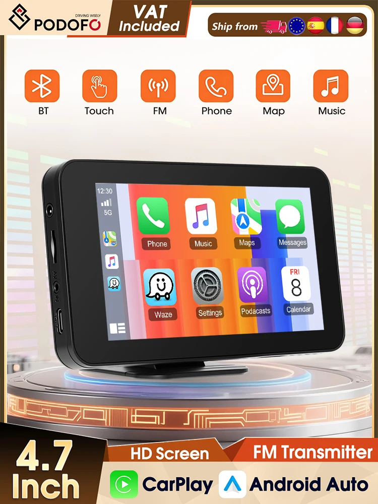 Podofo 4,7'' Dashcam Kabelloses Carplay Android Auto Autoradio Bluetooth EQ FM GPS USB Auto-Monitor AirPlay Android Cast IPS-Bildschirm