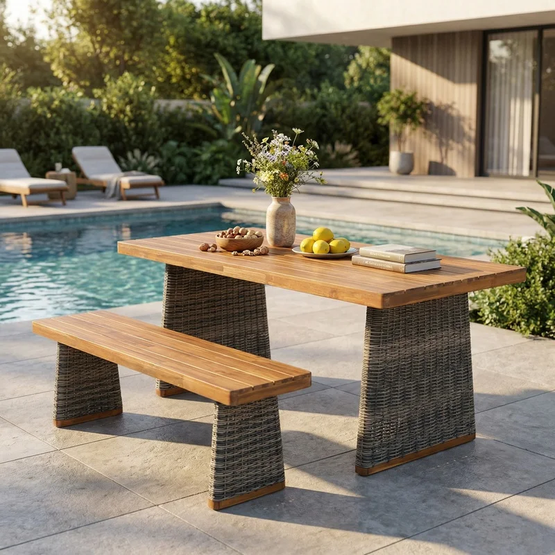 

Grey Acacia Wood Outdoor Dining Set with Table and Bench