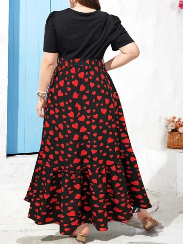 Imagen 2 del producto Vestido de verano de talla grande con cuello redondo y mangas abullonadas, mangas cortas, dobladillo con volantes, cintura delgada y vestido de moda de longitud media