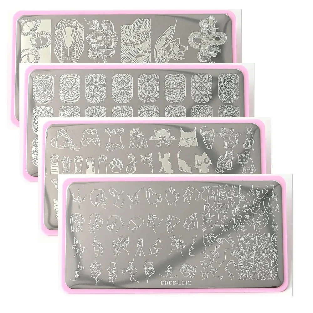 6x12cm Snake Abstract Face Nail Stamping Plates Cat Geometric Lines English Letter Leaves Flowers Printing Templates Stencil