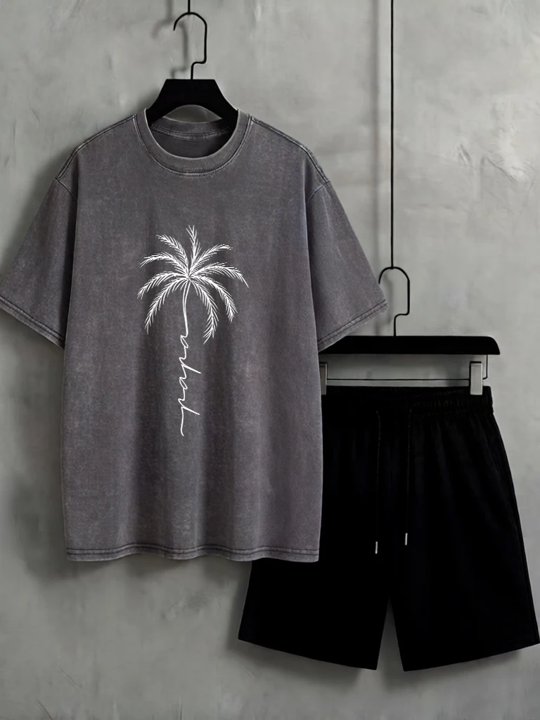 

Coconut Tree Creative Sketch Design Retro Washed T Shirt Men Summer Fashion Top Cotton All-Match Short Sleeve Loose Tshirts Set